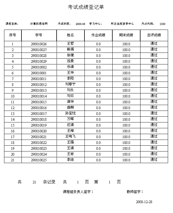 考试成绩登记单