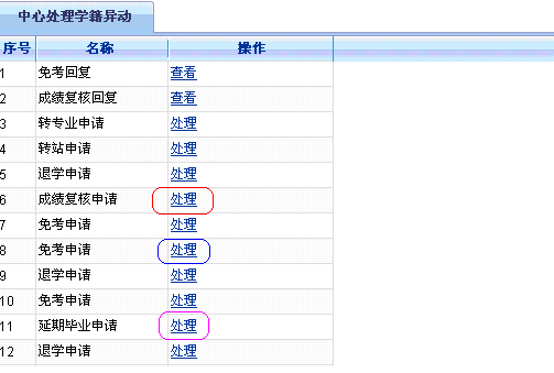 中心处理学籍异动列表