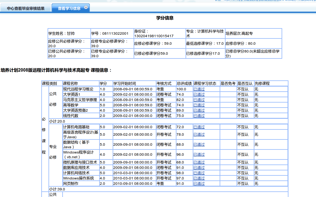 学生学习信息列表